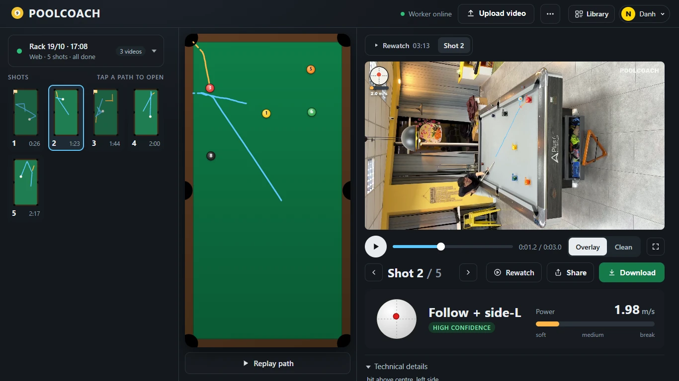 A shot's page in PoolCoach: the video with the ball paths drawn, speed, direction, spin and the 2D table